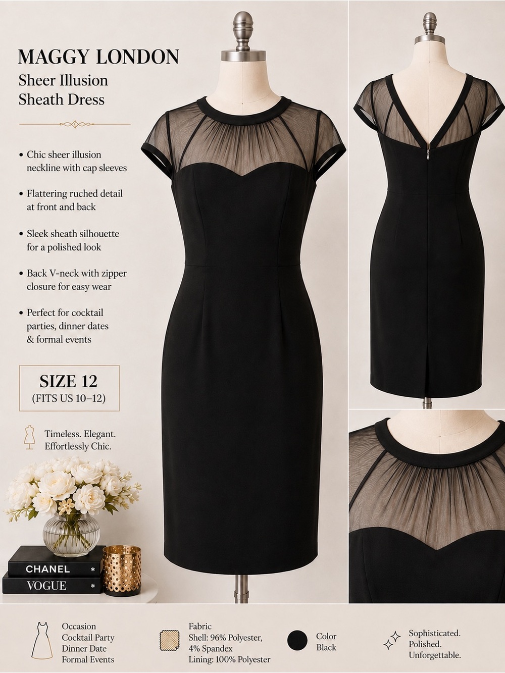 Maggy London Black Sheer-Illusion Cap-Sleeve Sheath Dress